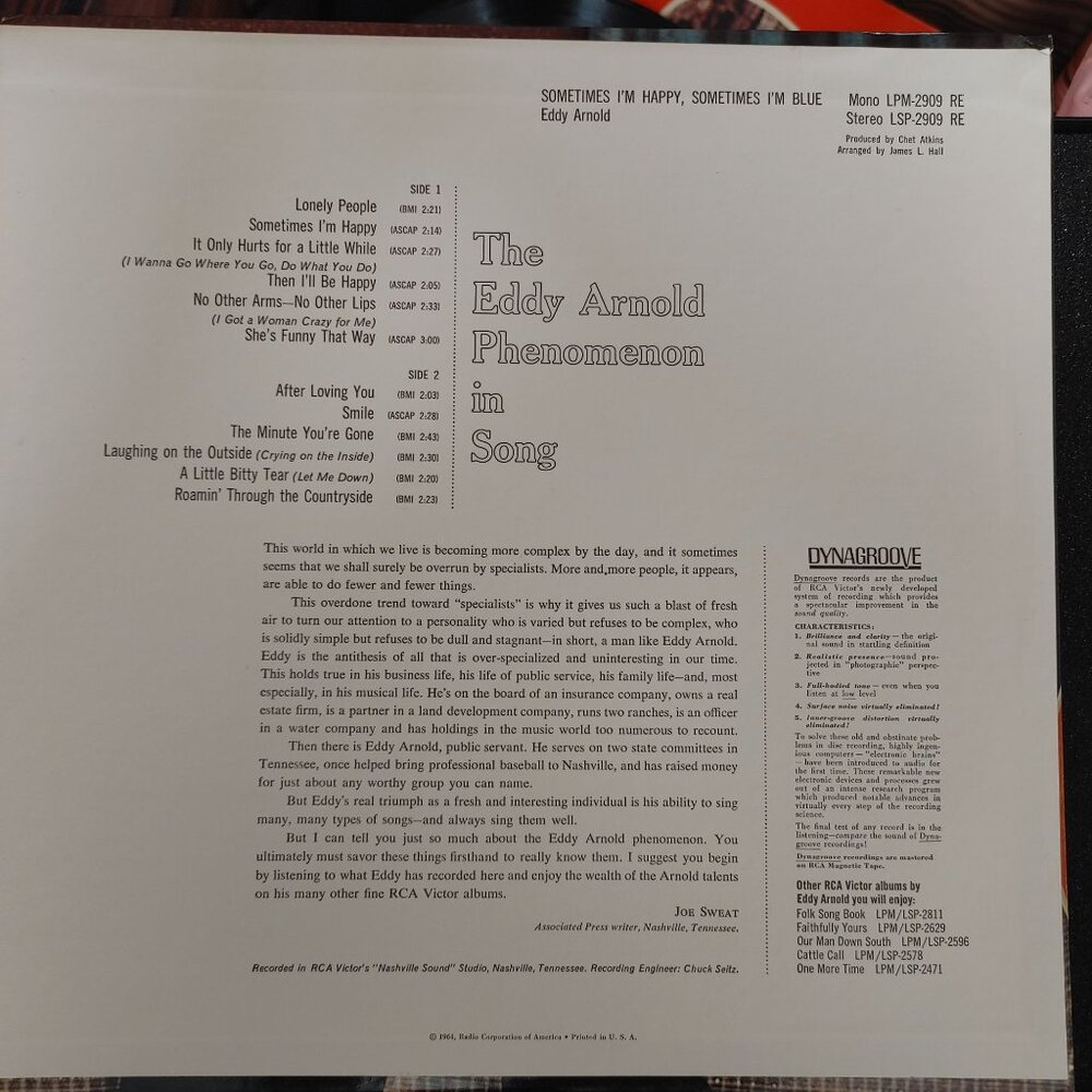 Vintage Vinyl LP Record Eddy Arnold - Sometimes I'm Happy Sometimes I'm Blue '64 - Picture 2 of 4
